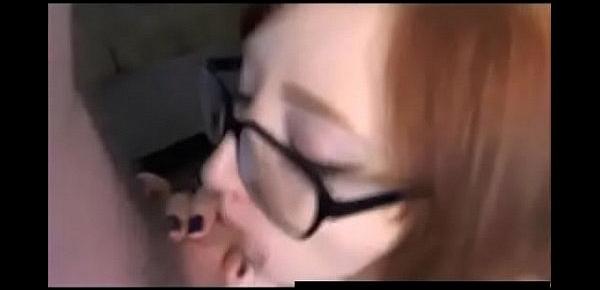  Blonde teen with glasses giving intense blowjob to her boyfriend as she sucks the big cock (new)
